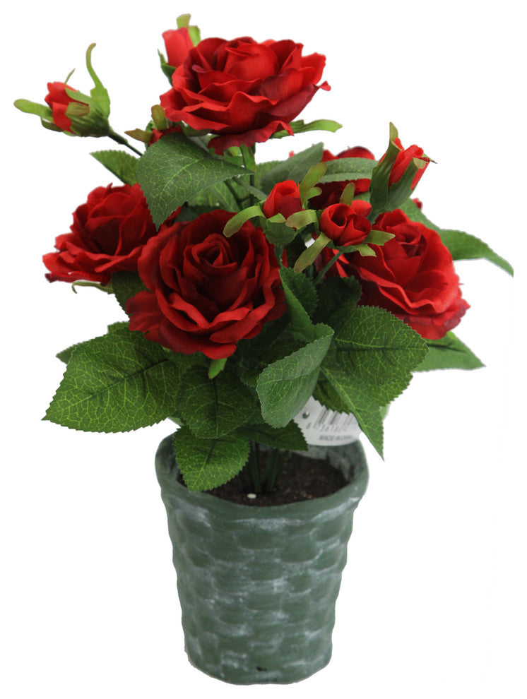13" Tall artificial potted rose, plant with Geenery, Red