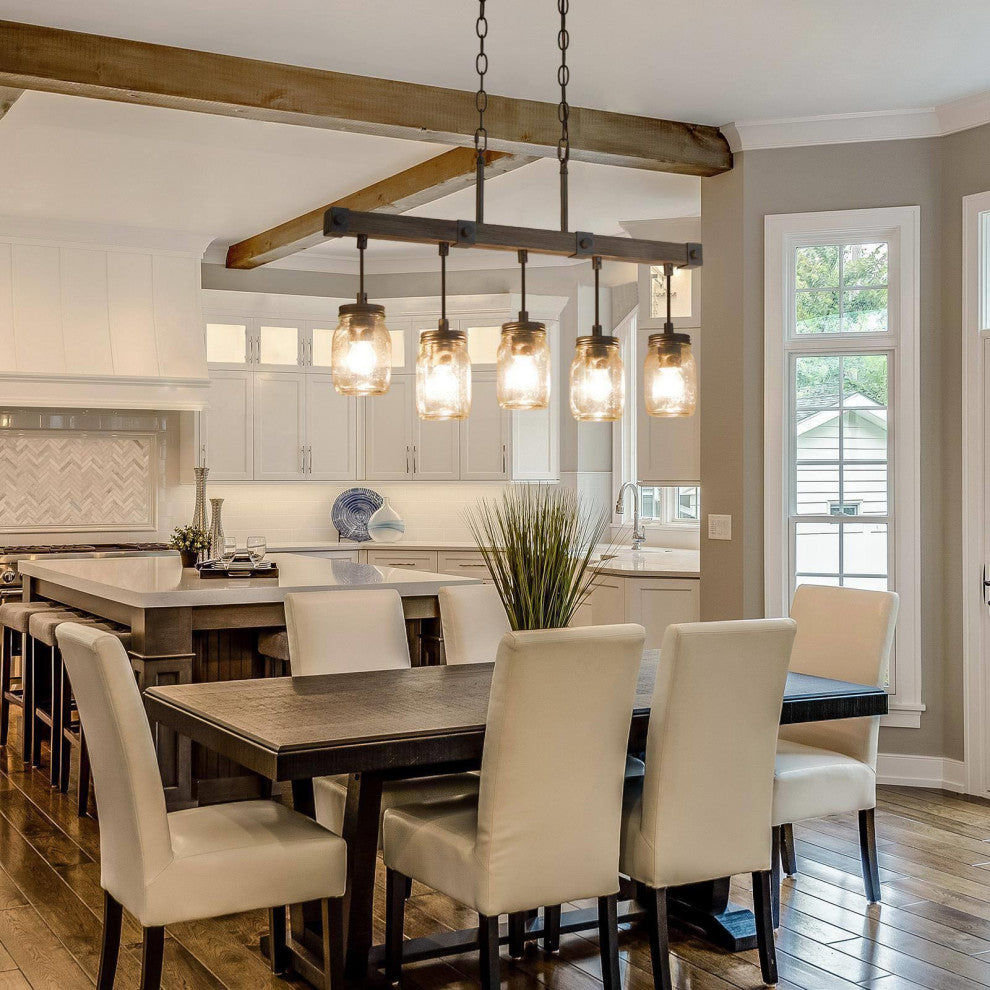 LNC Farmhouse Mason Jar Glass and Wood Kitchen Island Light, Clustered