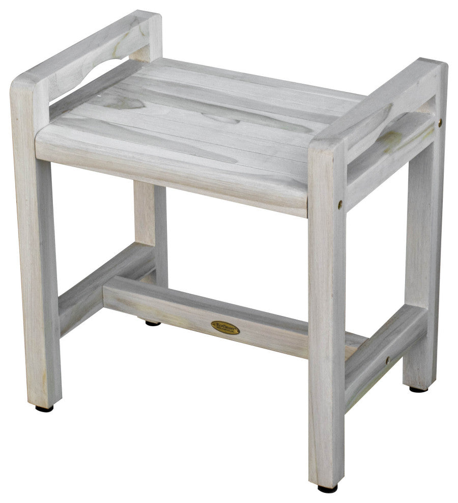 HomeRoots Compact Teak Shower Stool With Arms, Whitewash Finish