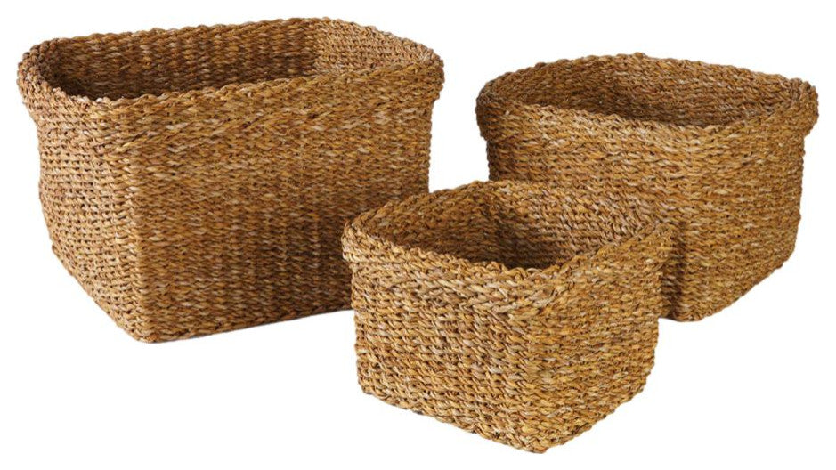 Set of 3 Woven Sea Grass Storage Baskets Square 17 14 11 in Natural Spa Towel