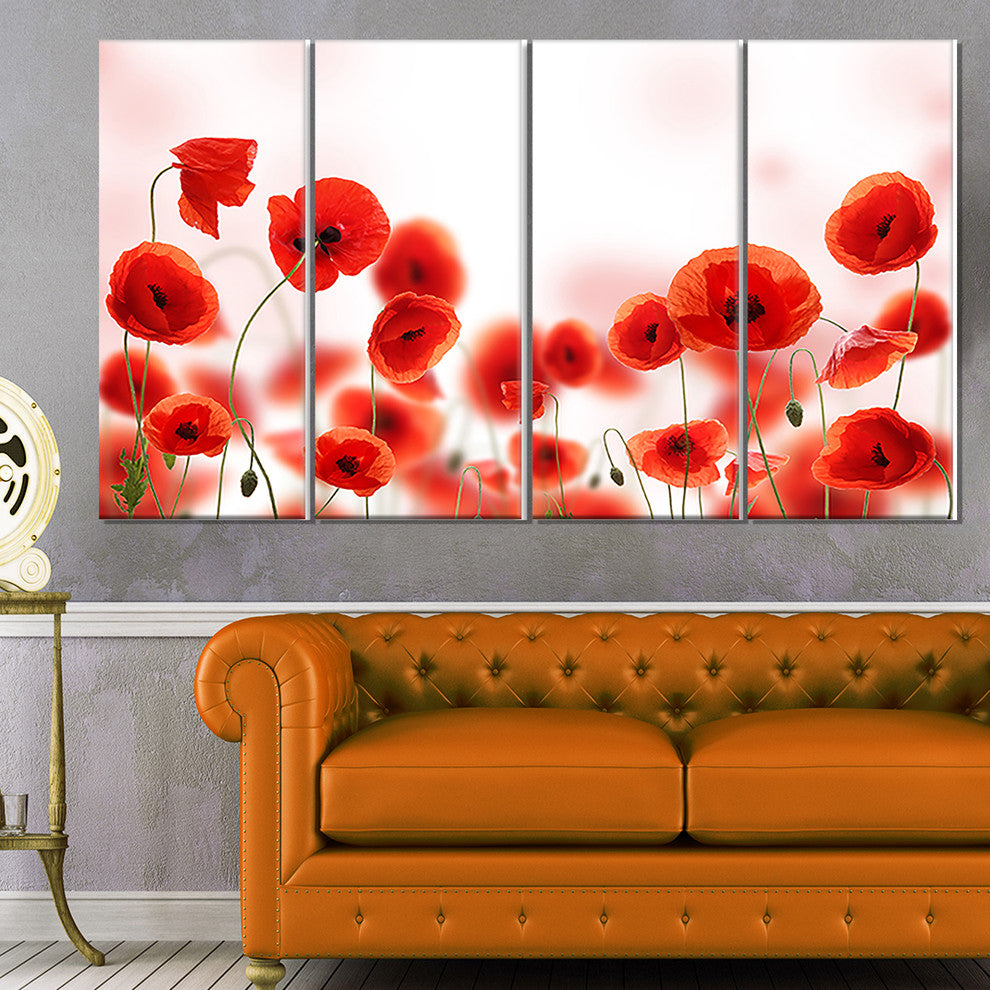 Poppy Flowers on Pink Background, Floral Canvas Art Print, 48"x28", 4 Panels