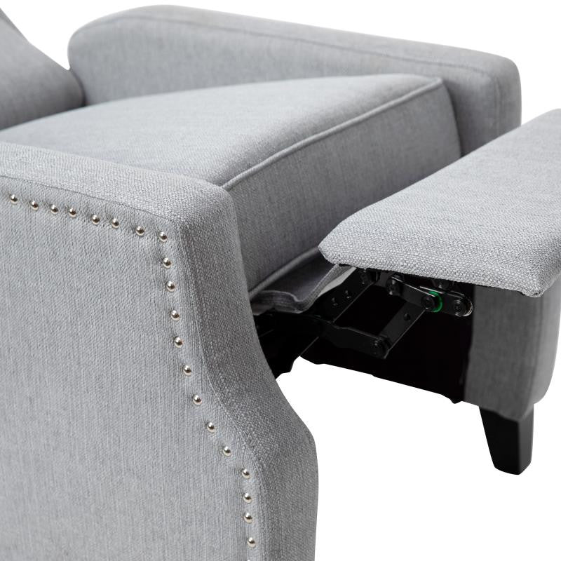 Prescott Push Back Wingback Recliner Chair- Fabric Upholstery-Accent Nail Trim, Gray