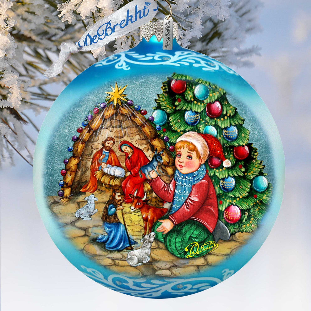 Nativity by the Christmas Tree Lg Glass Ornament, Blue
