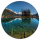 Row Of Pine Trees And Mountain Lake, Landscape Round Metal Artwork, 11"