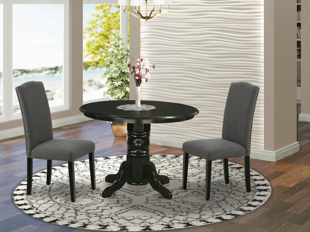 3Pc Round 42" Dinette Table, A Pair Of Parson Chair, Black Leg, Dark Gotham Grey