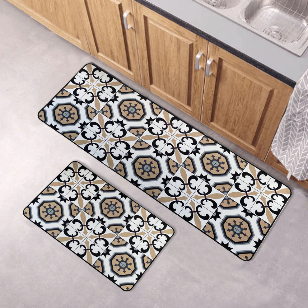Carmen Printed Kitchen Runner Mat 47" x 20" White and Beige Tile Design