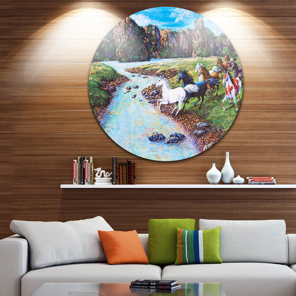 Horses Crossing The Stream, Landscape Painting Round Metal Artwork, 23"