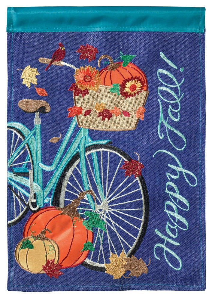 Outdoor Flag Double Applique  Happy Fall Bicycle Burlap Garden