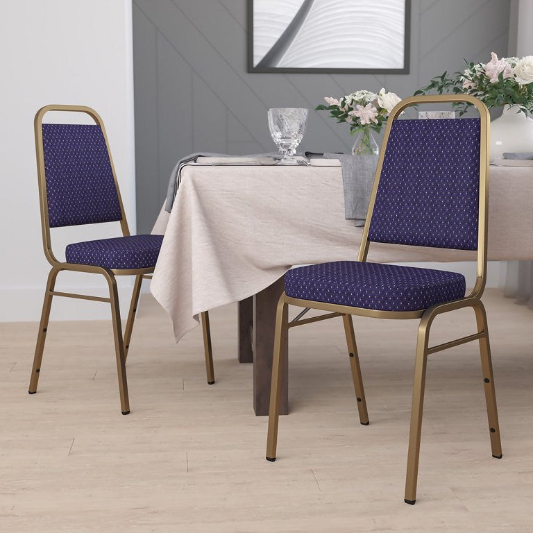 4 Pack Dining Chair, Padded Seat & Trapezoid Back, Navy Pattern Fabric/Gold