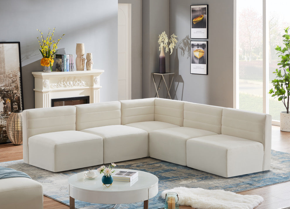 Quincy Velvet Upholstered 5-Piece L-Shaped Modular Sectional, Cream