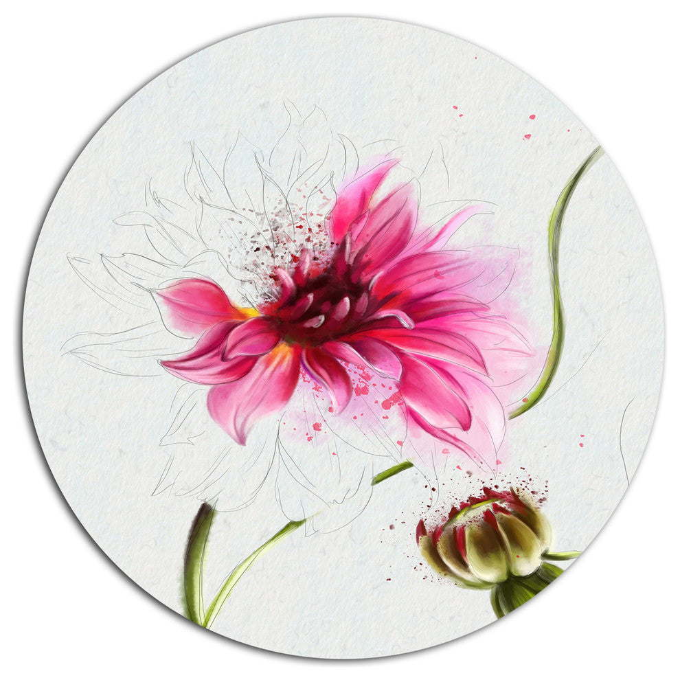 Pink Flower With Stem And Bud, Floral Round Metal Wall Art, 23"