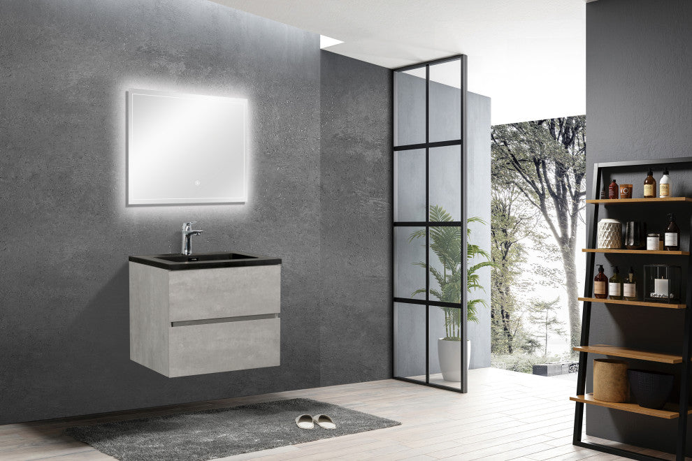Alma-Edi Cement Grey Wall Mounte Vanity With Black Sink, 24"