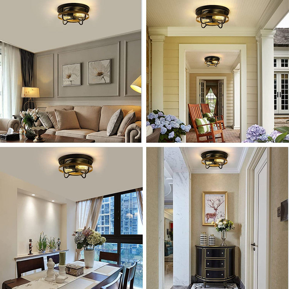 2 Light Vintage Flush Mount Ceiling Light Fixture, Industrial