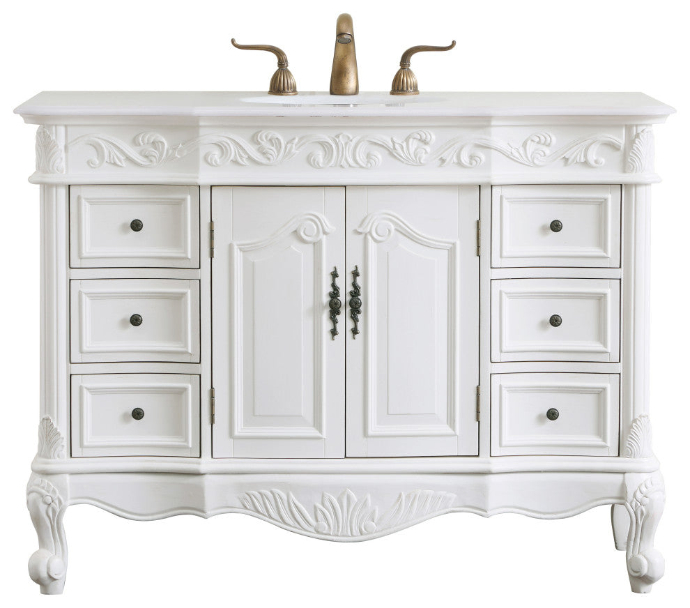 42" Single Bathroom Vanity, Antique White With Ivory White Engineered Marble, Antique White, 48