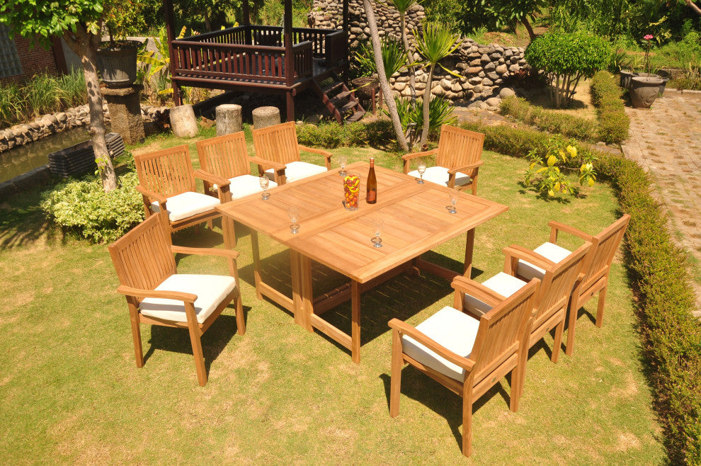 9-Piece Outdoor Teak Set: 60" Square Butterfly Table, 8 Leveb Stacking Arm Chair