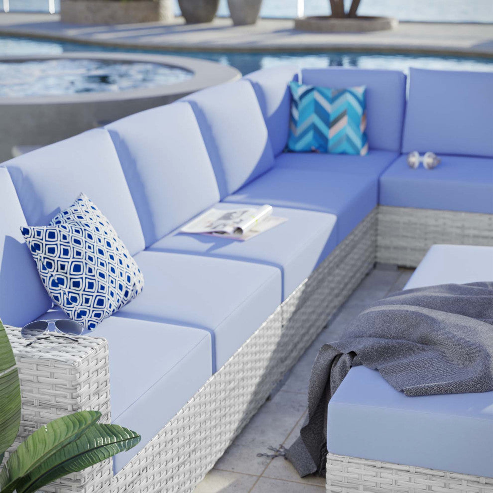 Lounge Sectional Sofa Chair Set, Rattan, Wicker, Gray Blue, Modern, Outdoor