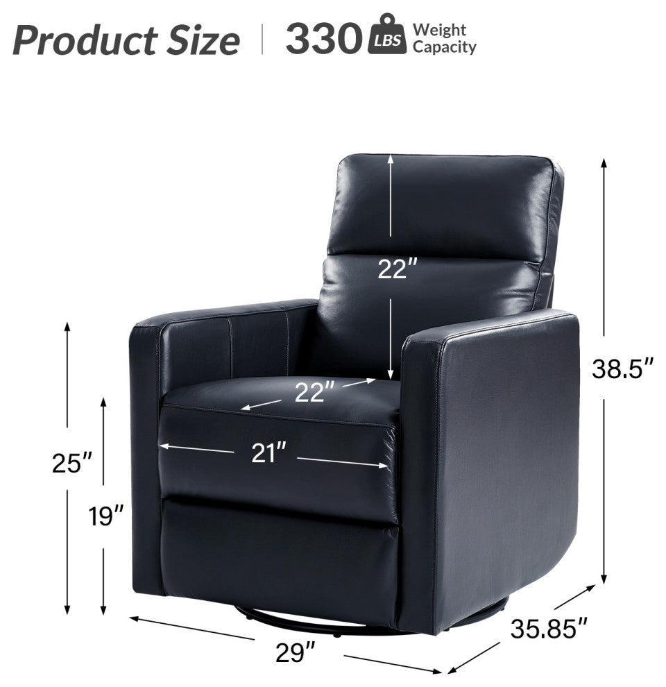 Genuine Leather Swivel Rocker Recliner With Adjustable Headrest, Navy