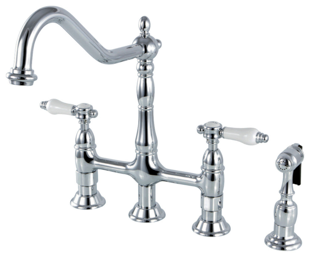 Kingston Brass Bridge Kitchen Faucet With Brass Sprayer, Polished Chrome