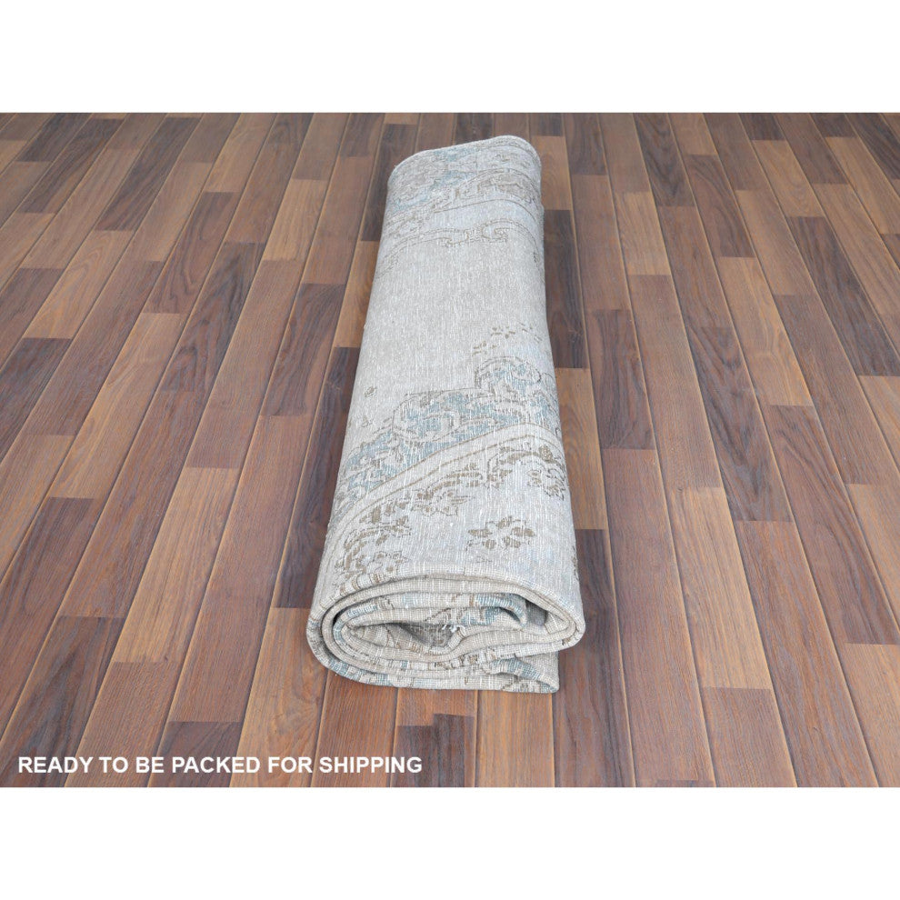 Cropped Thin, Hand Knotted, Ivory, Vintage Persian Kerman, Wool Rug 8'8" x 12'0"