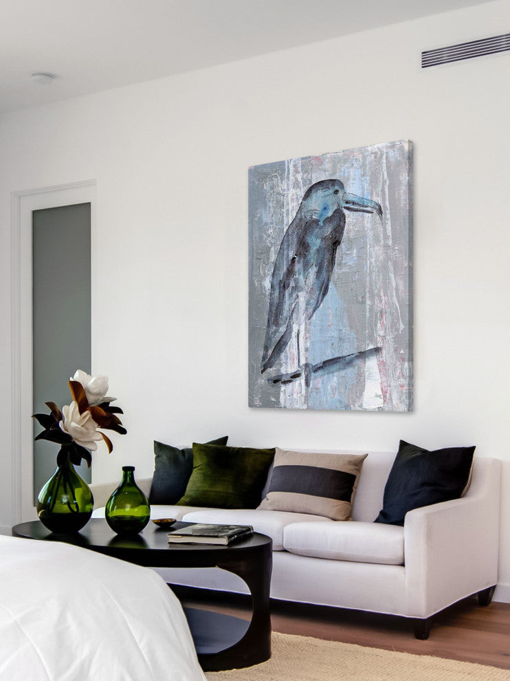 "Blue-Grey Bird" Painting Print on Wrapped Canvas, 24"x36"