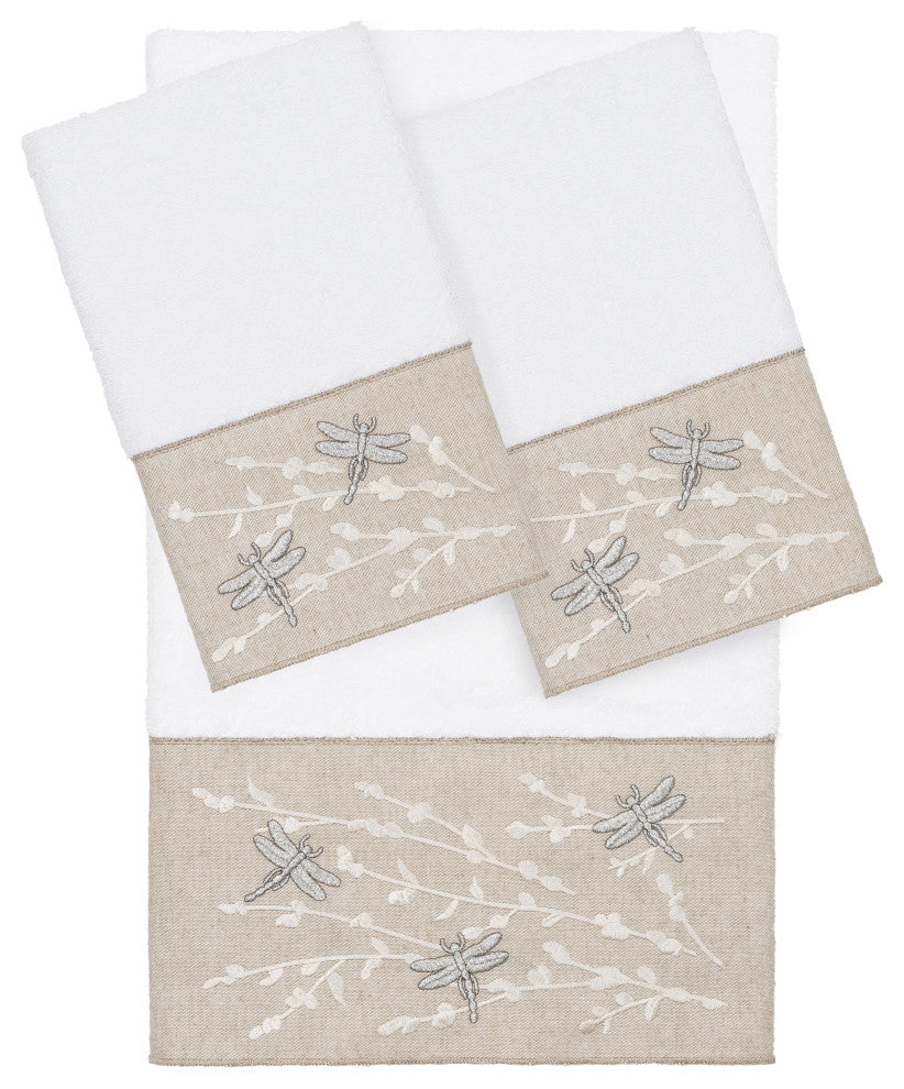Linum Home Textiles Turkish Cotton Braelyn 3-Piece Embellished Towel Set, White