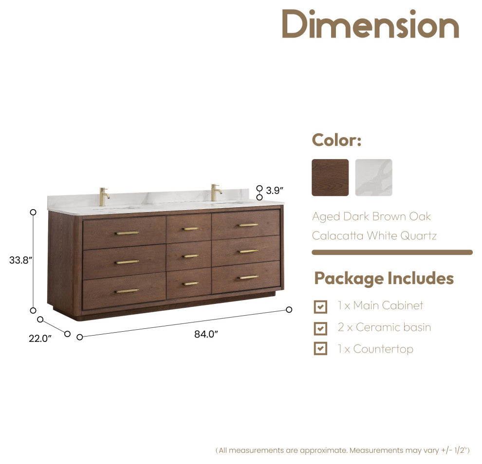 Porto Bath Vanity with White Quartz Stone Top, Dark Brown Oak, 84 in., No Mirror