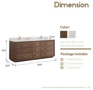 Porto Bath Vanity with White Quartz Stone Top, Dark Brown Oak, 84", No Mirror