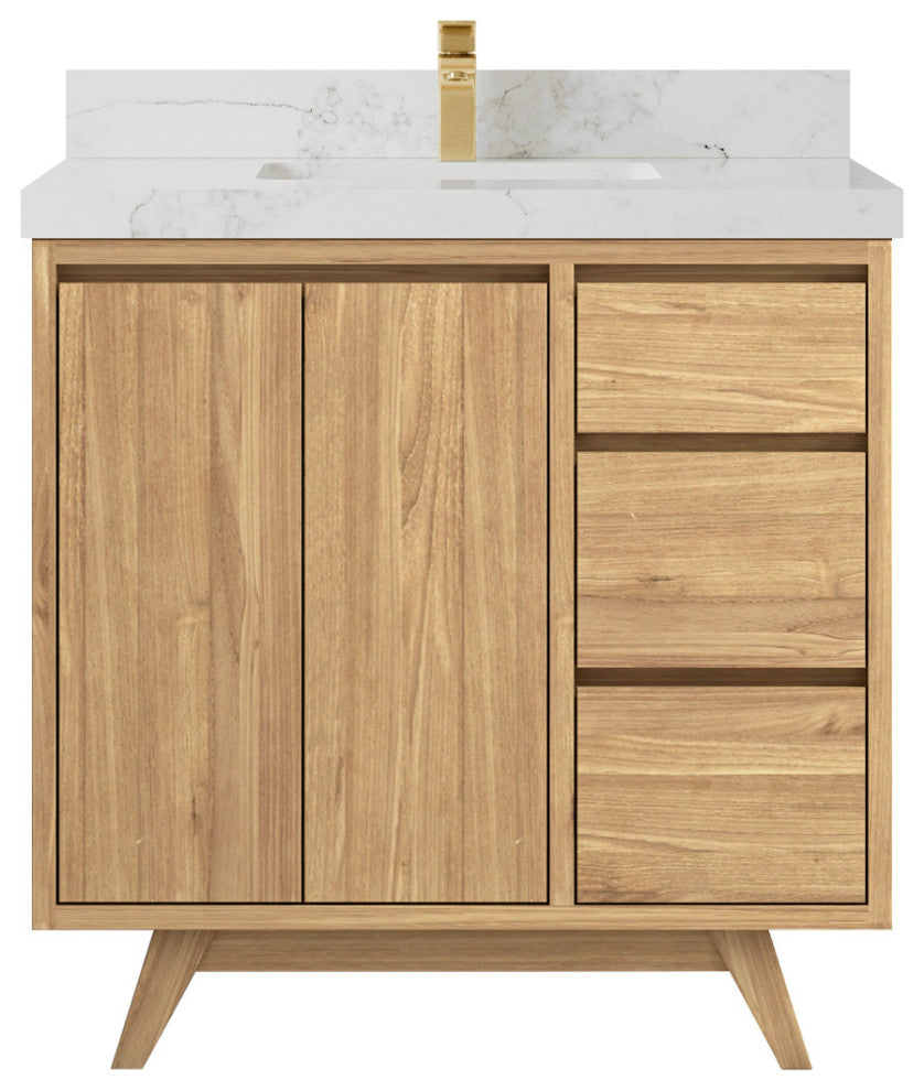 Madison Teak 36 Center Sink Bath Vanity in Light Natural 2" Calacatta Nuvo