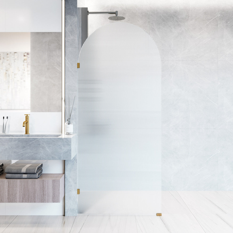 VIGO Arden 34" W x 78" H Frameless Fixed Shower Screen, Matte Brushed Gold, Fluted Glass