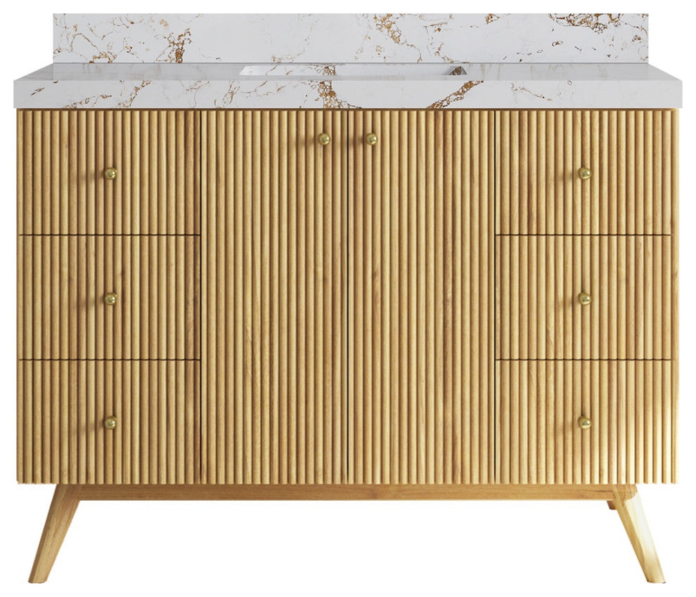 Pasadena 48 Single Sink Bath Vanity in Light Natural Teak 2" Viola Gold