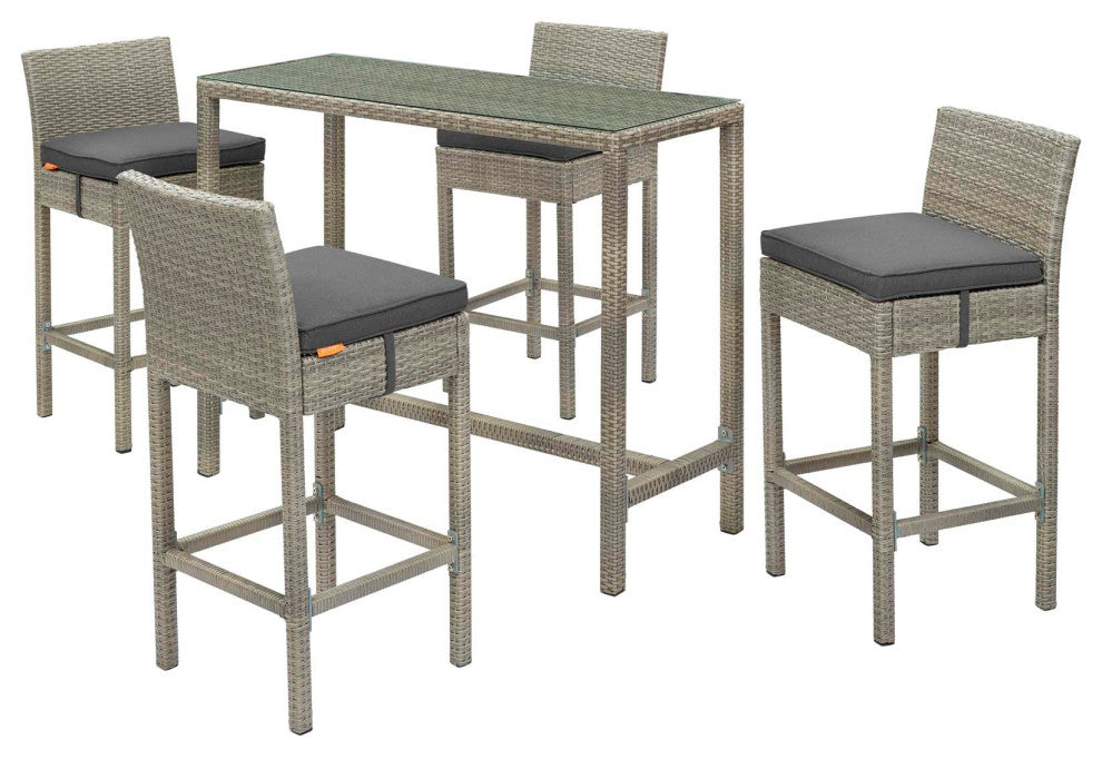 Modern Outdoor Bar Dining Chair and Table Set, Fabric Glass Rattan, Dark Gray