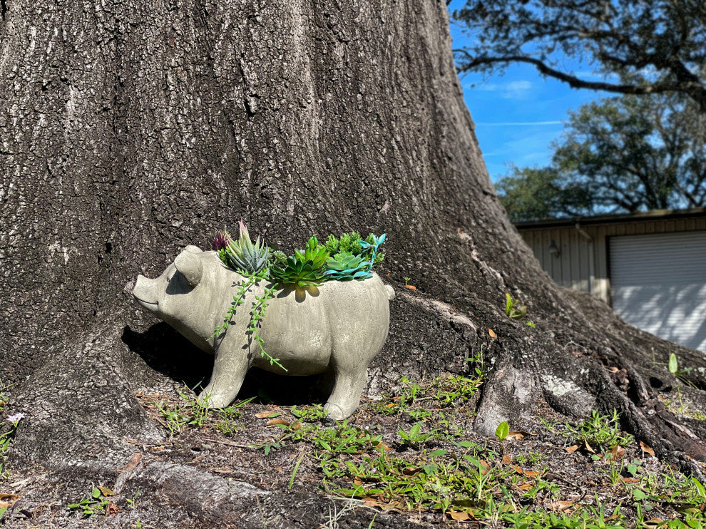 17 Inch Long Weathered Gray Finish Smiling Pig Planter