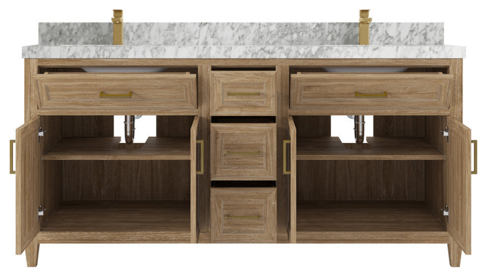 Santa Monica 72 Double Sink Bath Vanity in Whitewashed Teak 2" Carrara Marble