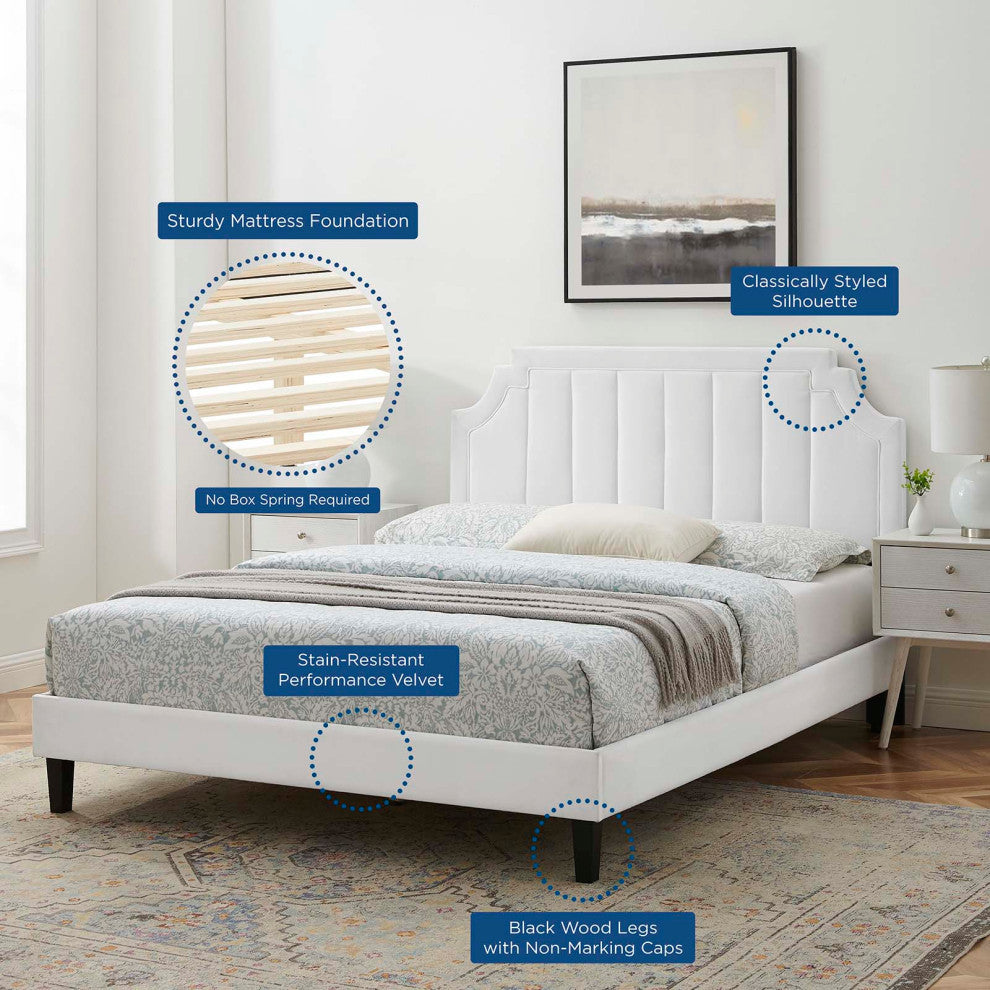 Platform Bed Frame, King Size, Velvet, White, Modern Contemporary, Bedroom