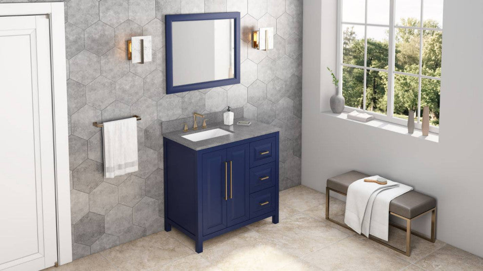 Cade Transitional 36" Hale Blue Left Offset Sink Vanity, Steel Grey Cultured Mar