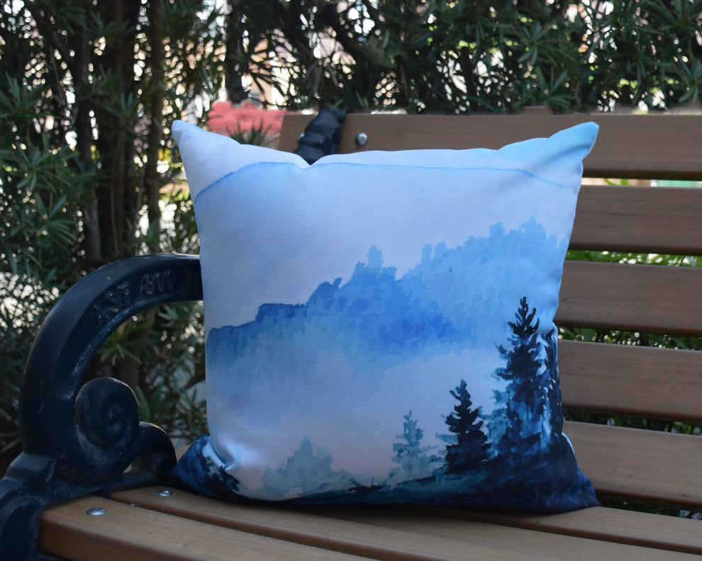 Winter Scene Blue Holiday Print Decorative Outdoor Throw Pillow, 18"