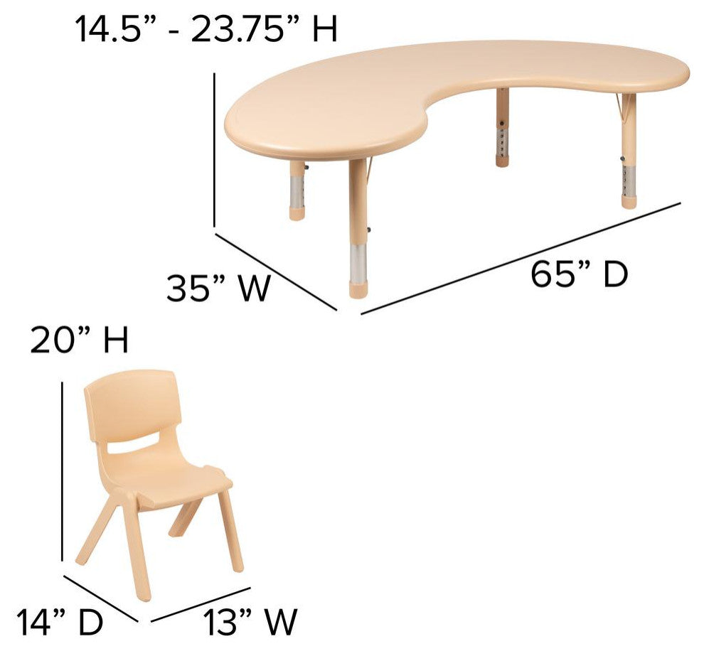 35"x65" Half-Moon Plastic Height Adjustable Table Set With 4 Chairs, Natural