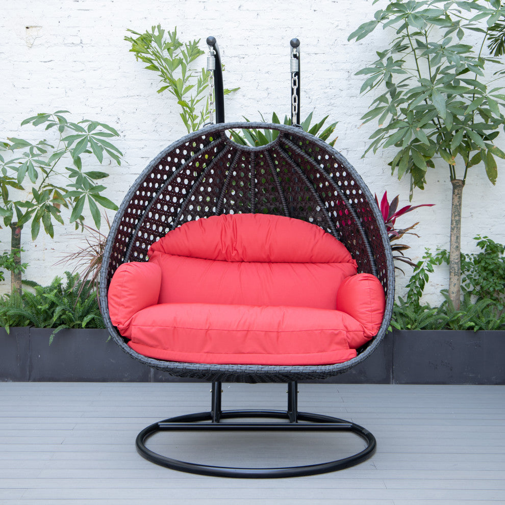 LeisureMod Mendoza Charcoal Wicker Hanging Double Egg Swing Chair, Red