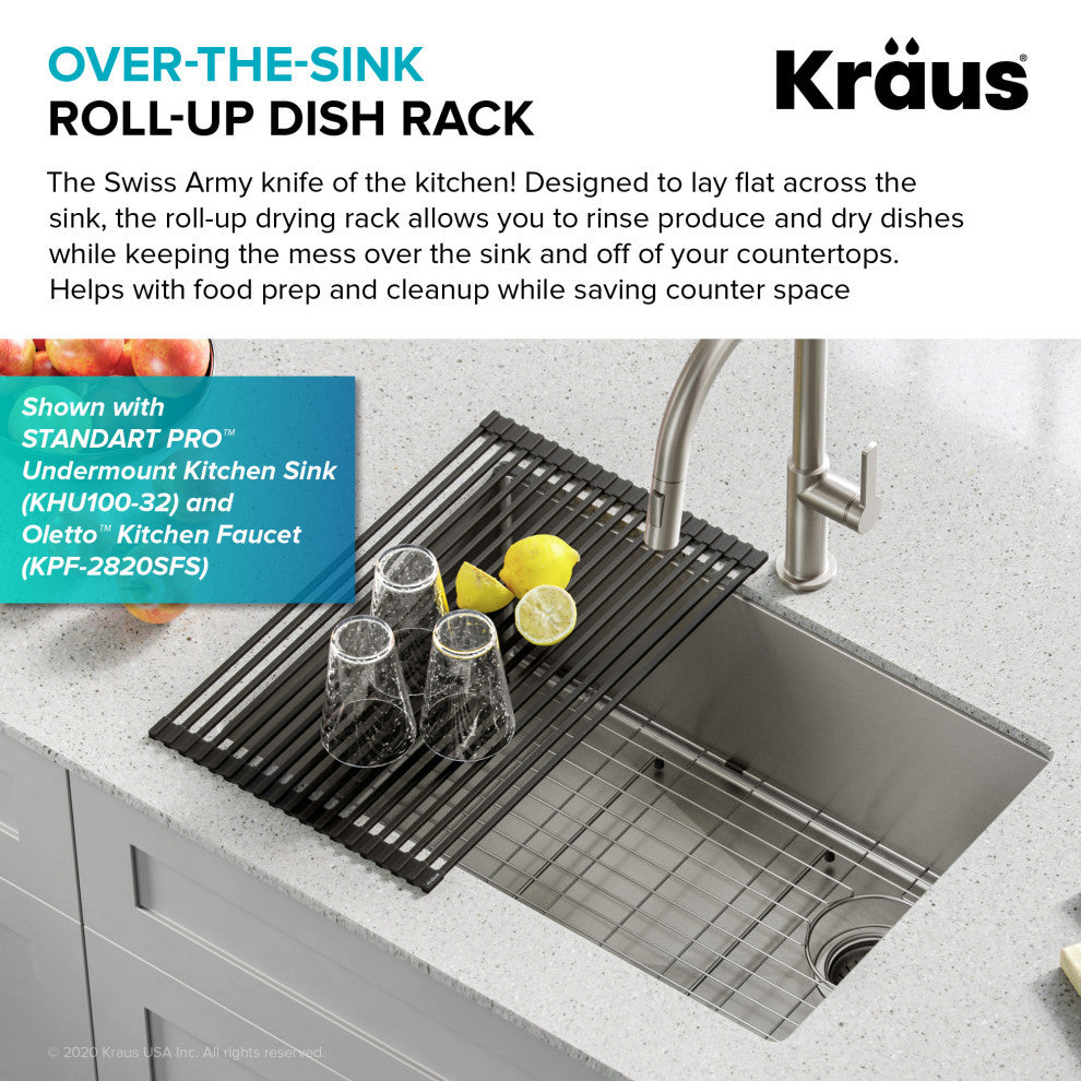 Multipurpose Over Sink Roll-Up Dish Drying Rack, Grey