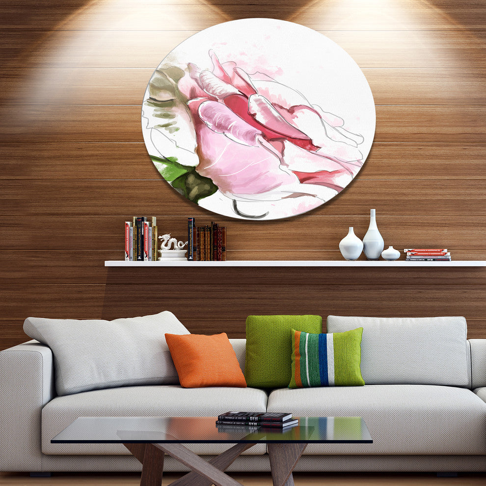 Pink Rose Illustration On White, Flower Disc Metal Wall Art, 36"
