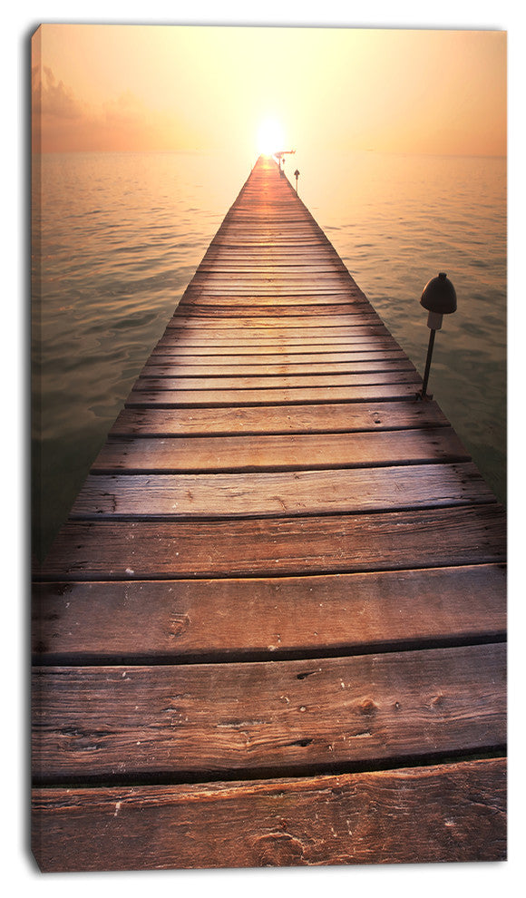 Long Wooden Boardwalk into Sea, Seashore Canvas Art Print, 16"x32"