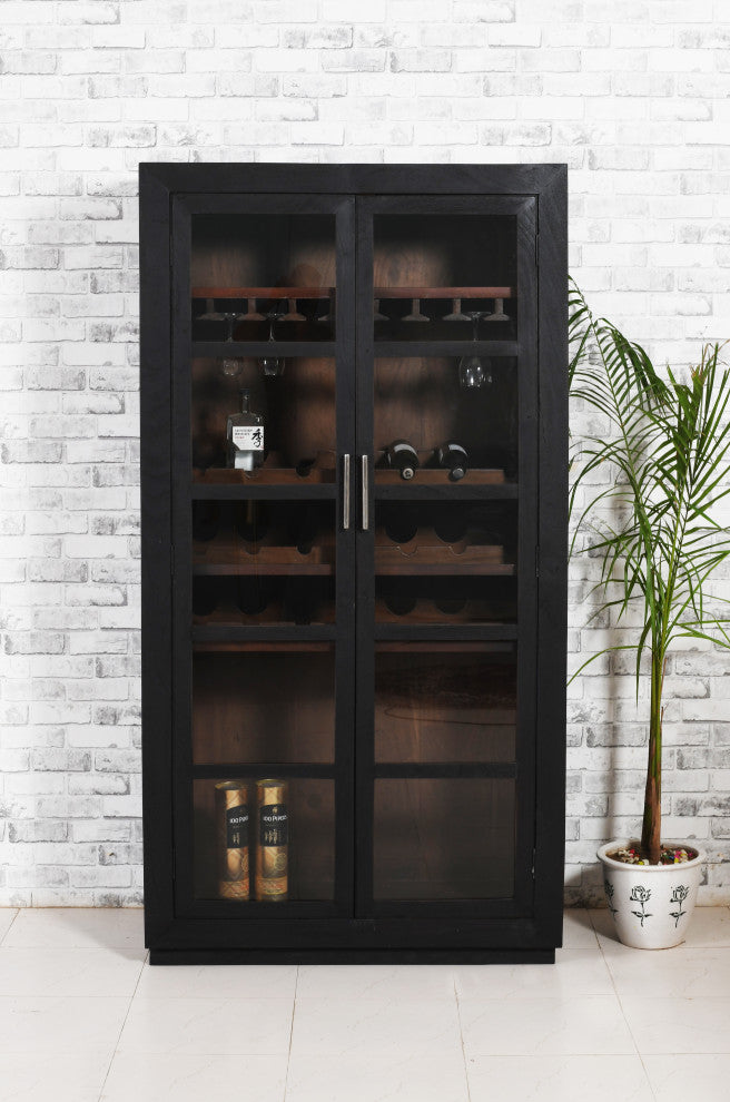 Fernious Tall Wine Cabinet, Dark Gray Finish on Mango Solid Wood