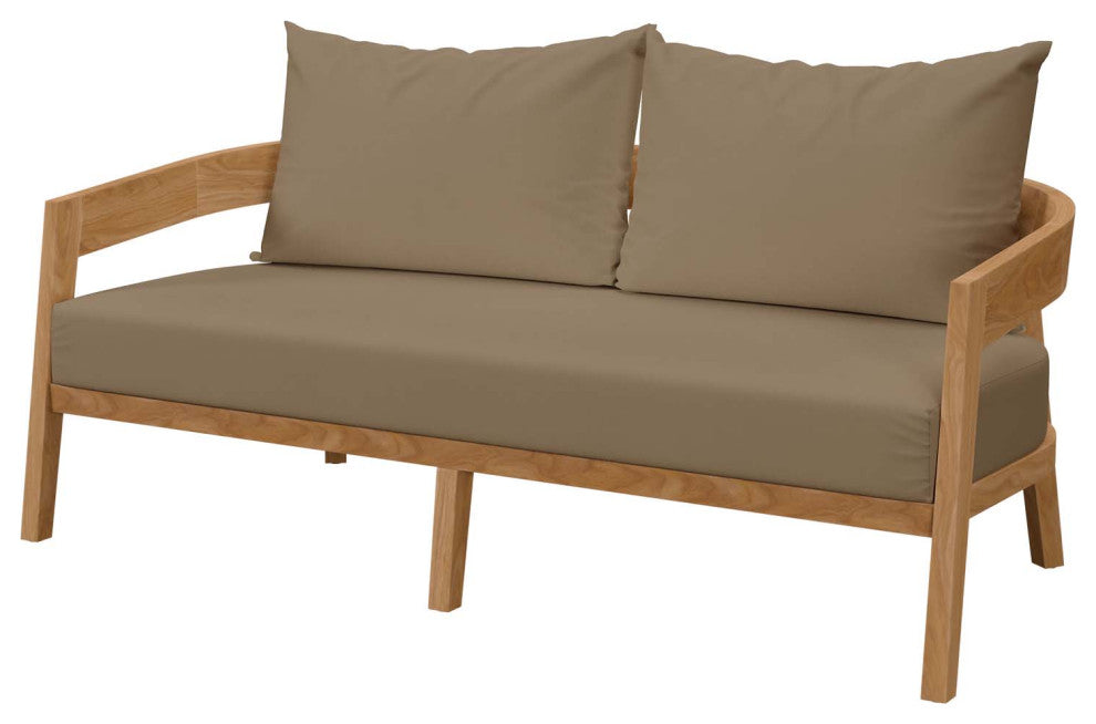 Sectional Sofa Chair Table Set, Brown Natural, Teak Wood, Modern, Outdoor Patio