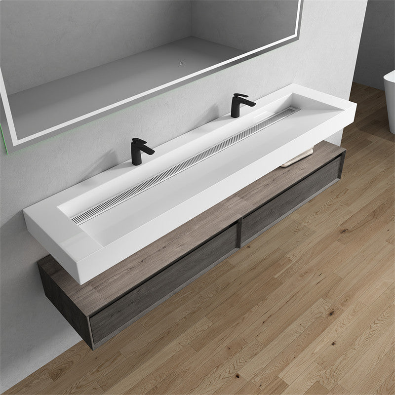 Alysa 84'' Floating Vanity, Acrylic Sink, Double Faucet Hole, Smoke Oak