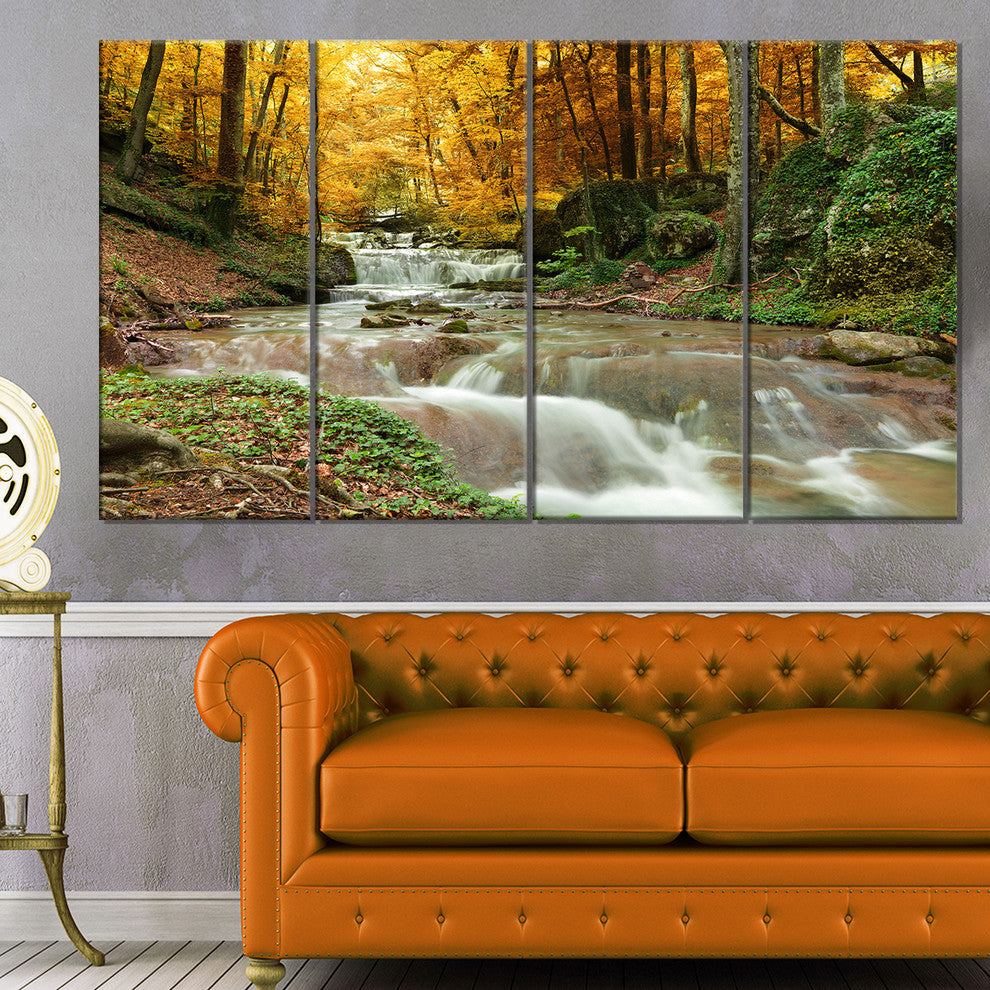 Forest Waterfall with Yellow Trees, Landscape Canvas Print, 48"x28", 4 Panels