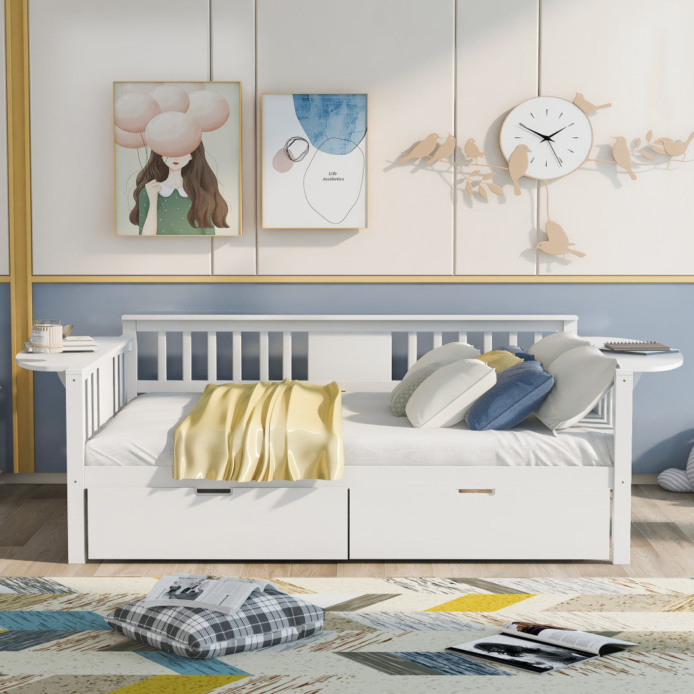 Gewnee Solid Wood Full Size Daybeds with Two Drawers,White