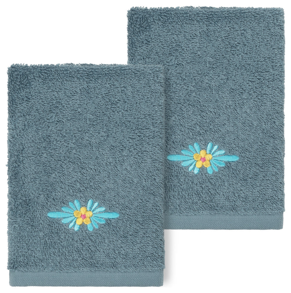 Linum Home Textiles Turkish Cotton Feliz 2-Piece Embellished Washcloth Set, Teal