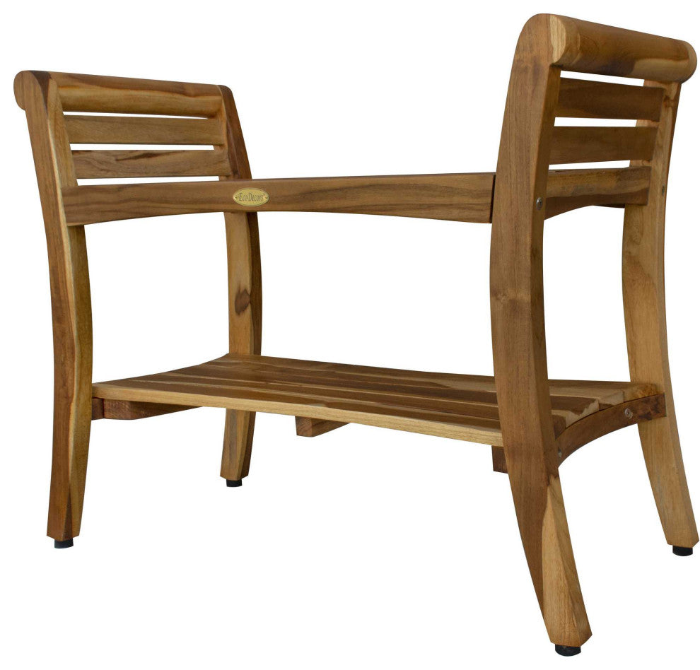 HomeRoots Rectangular Teak Shower Bench With Shelf and Handles, NaturalFinish