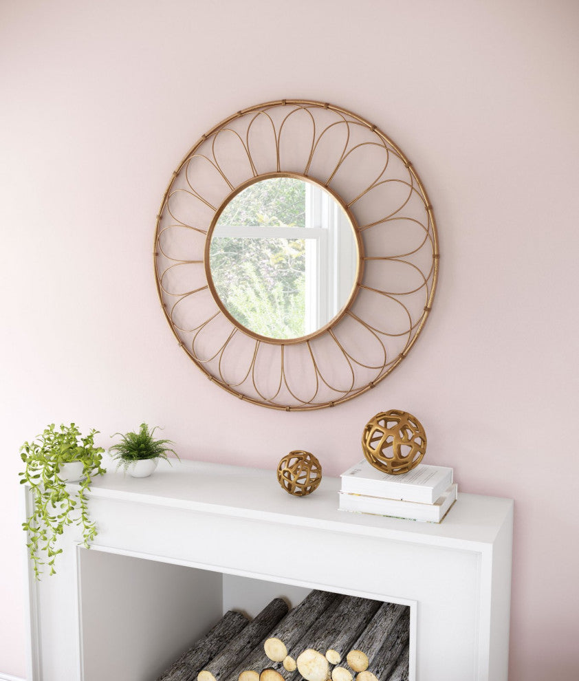 Frame Wall Mirror, Round, Glass, Steel Metal, Gold, Bedroom Living