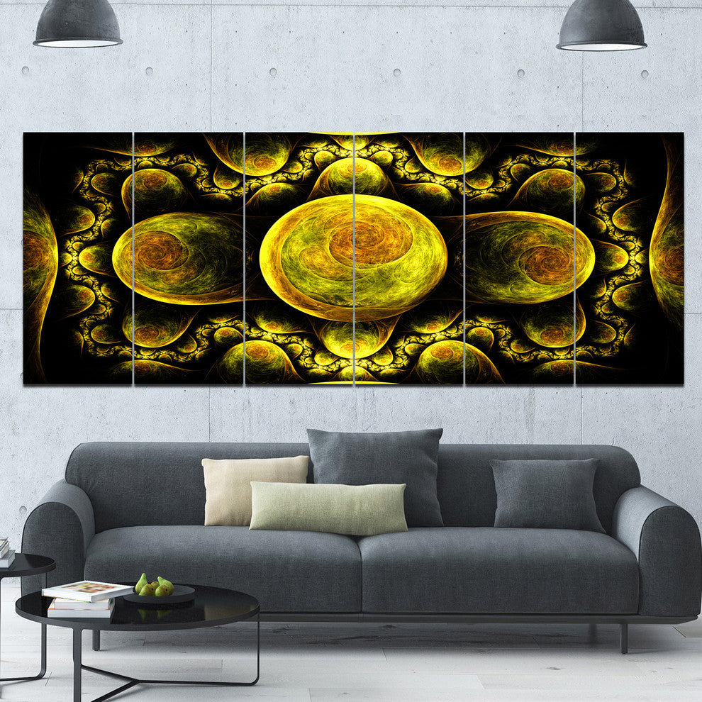 Yellow Exotic Fractal Pattern, Abstract Art on Canvas, 70"x28", 6 Panels
